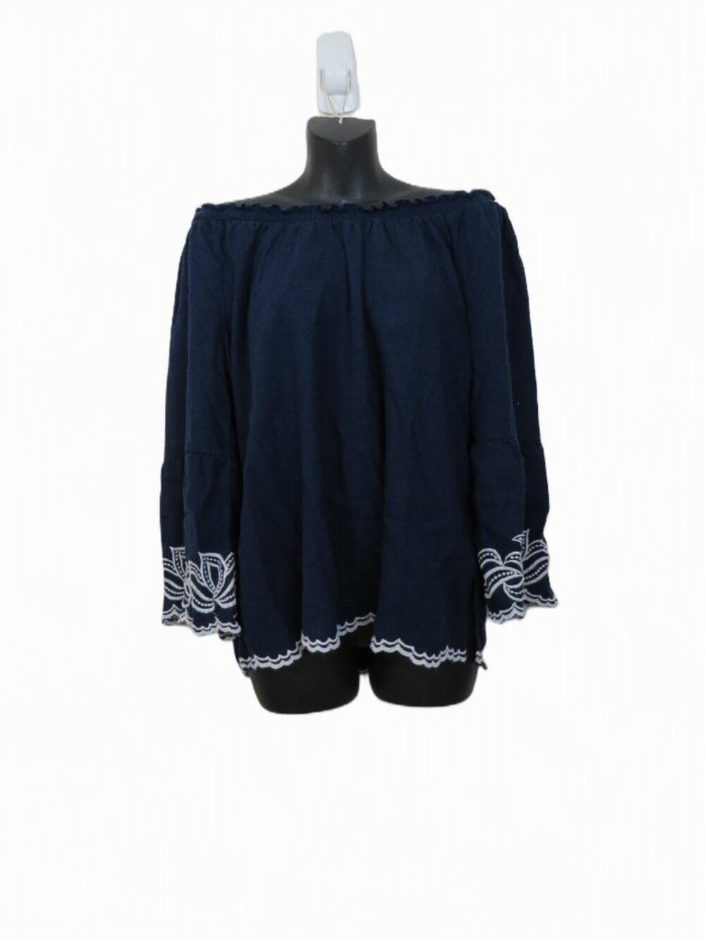 Soft Surroundings size Large Blue Off Shoulder Top Linen Blend Embroidered Trim